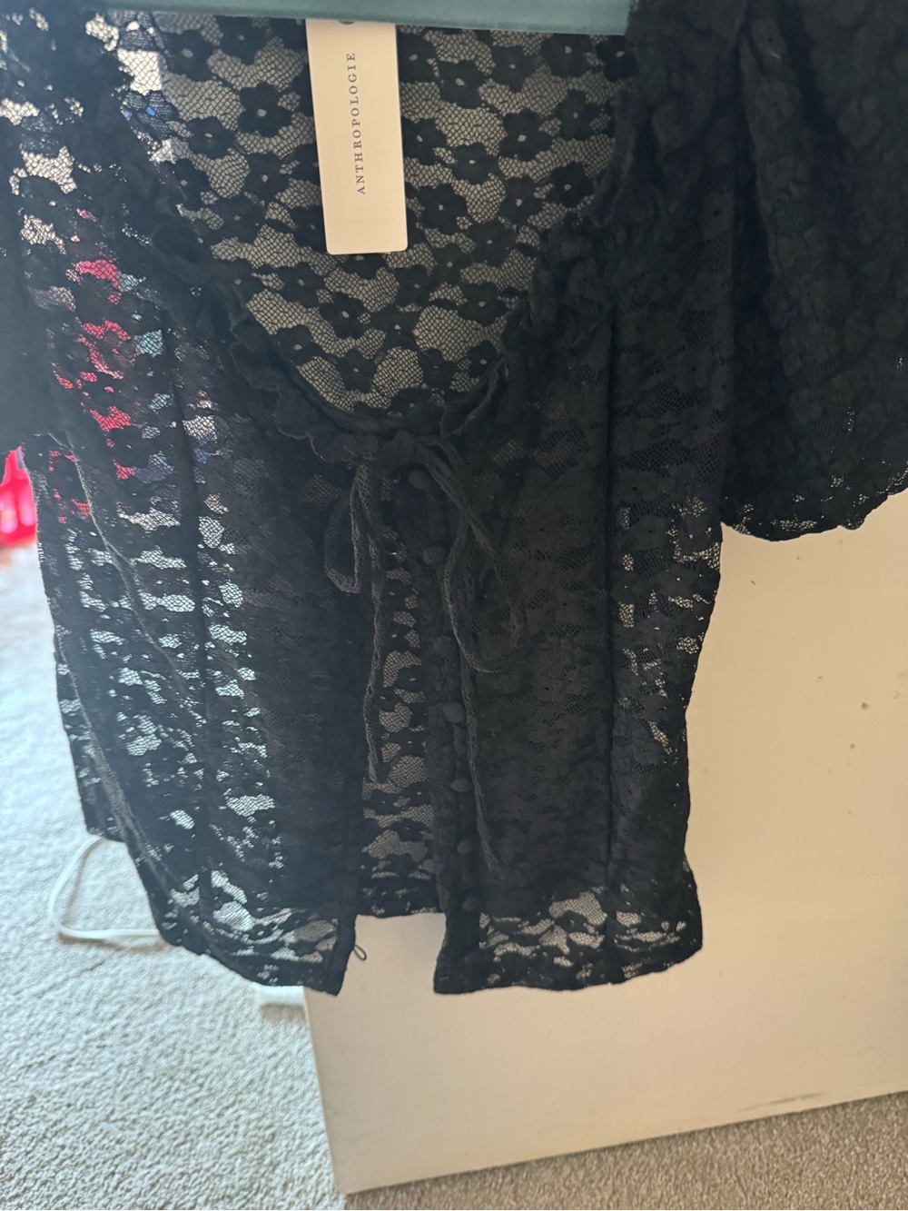 Anthropologie Black Sheer Lace Puff-Sleeve Blouse - Picture 6 of 6